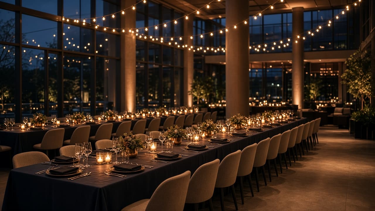 Corporate banquet tables set in a lit atrium venue